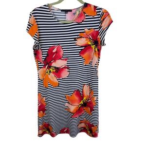 Tiana B. Womens Black White Stripe Floral Print Short Sleeve Casual Dress‎ M